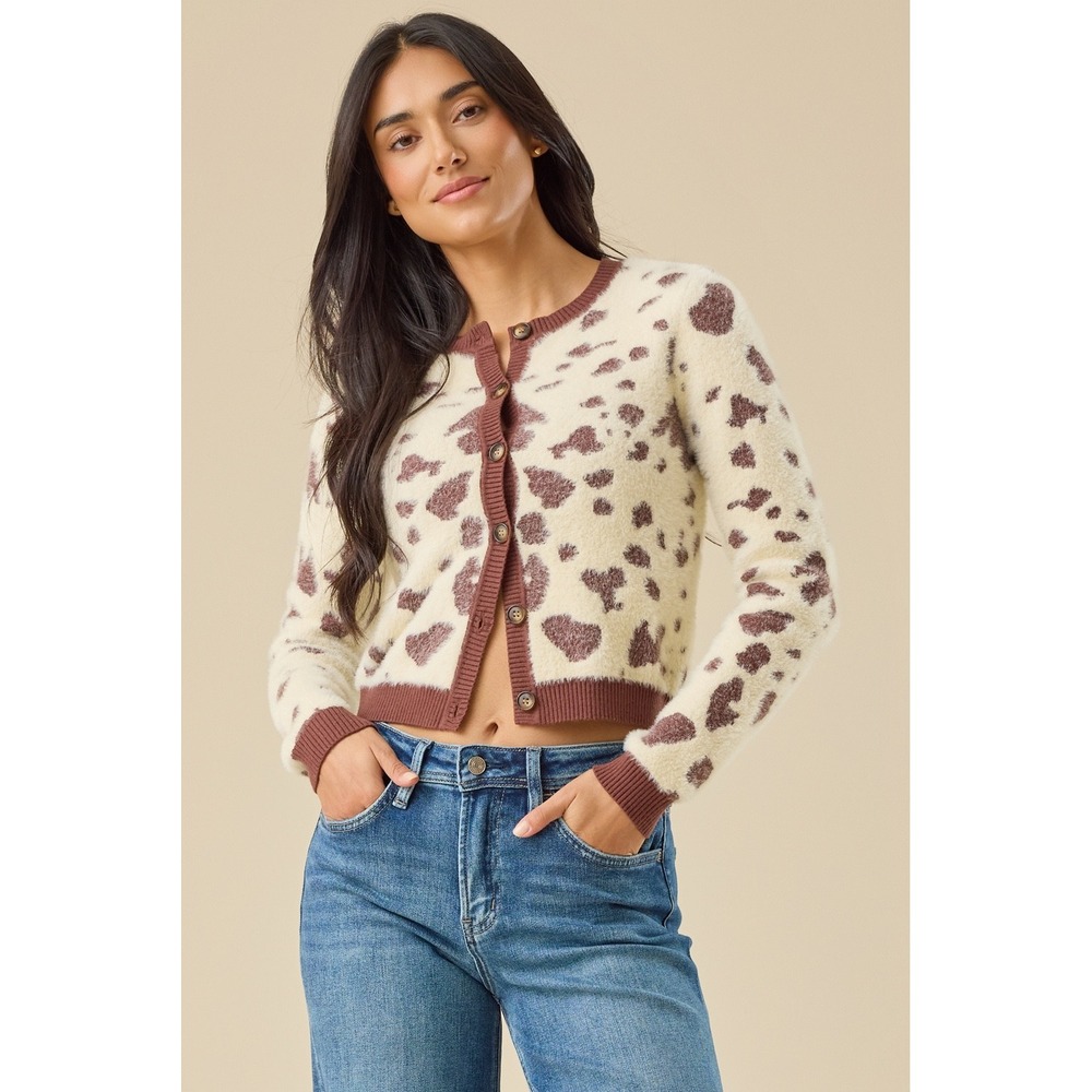 Altar'd State Cow Print Fuzzy Knit Cardigan Sweater Brown Cream Size Small NWT
